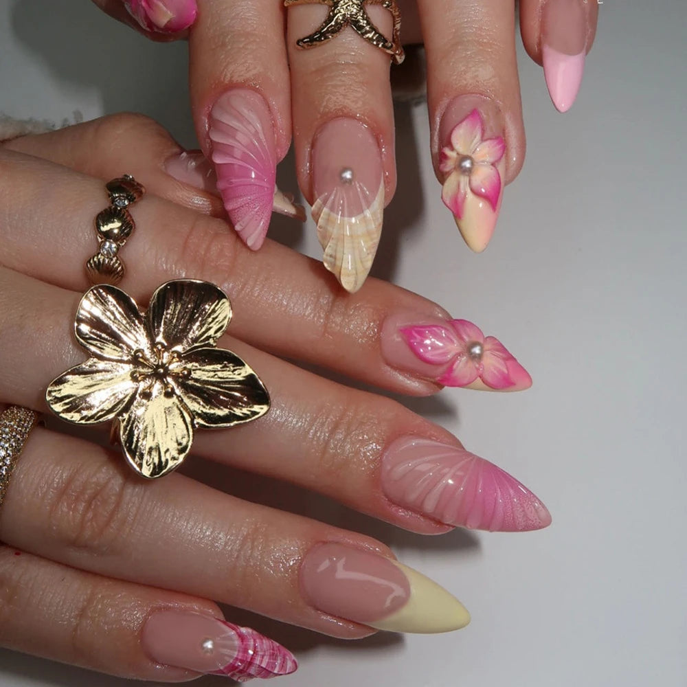 24 pièces ongles faux français cercueil longs rétro fleurs perles caviar design floral doré creux press on Y2k acrylique faux ongles