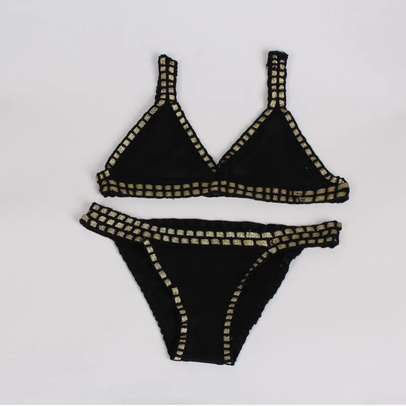 Sexy Solid Color Knitted Bikini Set For Beach Vacation Handcrafted Crochet Color Blocking Women Swimsuit Elastic Split Suit Set