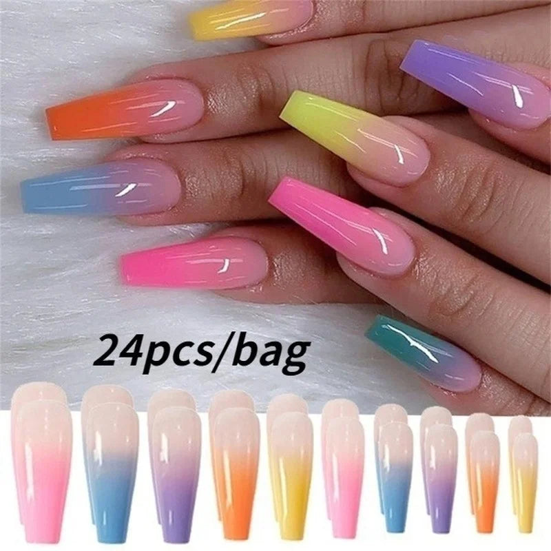 24 pcs/sac Faux Ongles Longs Cercueil Arc-en-ciel Ballerine Couverture Complète Ongles Artificiels Conseils de Manucure Beauté Faux Ongles Manucure Charms