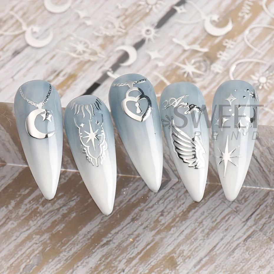 3 pcs Autocollants d'Ongles Bronzing Y2K Ailes d'Ange Étoile Lune Collier Décalcomanies Argent Or Motif Cadenas de la Saint-Valentin Accessoires de Manucure