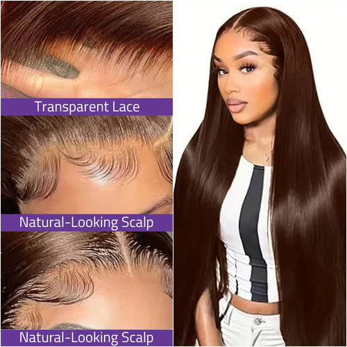 #4 Chocolate Brown Colored Lace Straight Wig 13x6 Transparent Lace Frontal Wig 13x4 HD Lace Pre-Plucked Brazilian Human Hair Wig