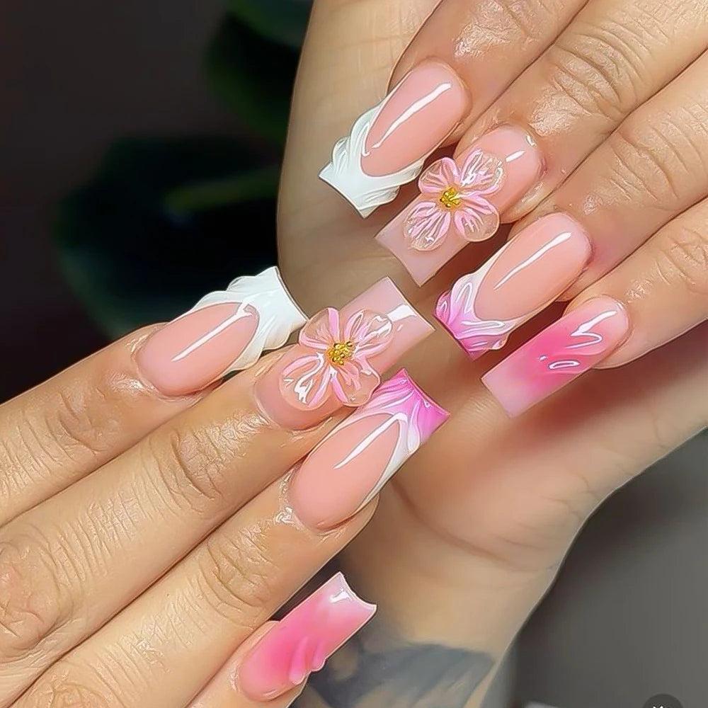 24 pièces ongles faux français cercueil longs rétro fleurs perles caviar design floral doré creux press on Y2k acrylique faux ongles