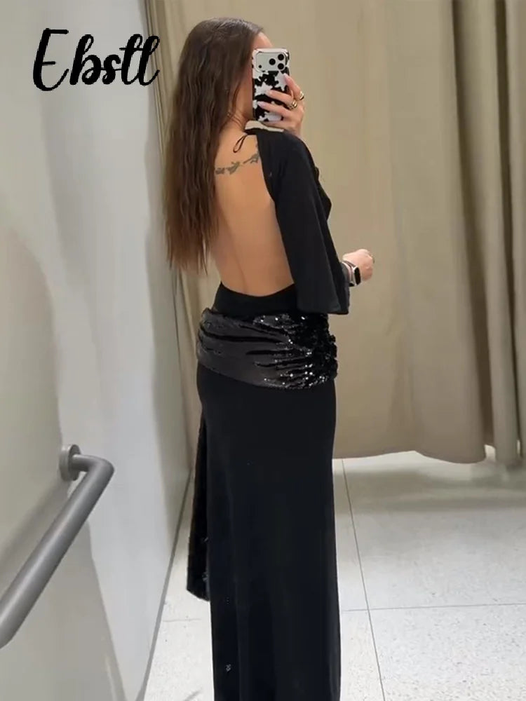 Sexy Sequins Splicing Backless Dresses Women's Elegant Short Sleeve O-neck Ribbons Long Robes 2026 Spring New Ladies Chic Dress