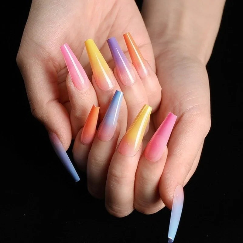 24 pcs/sac Faux Ongles Longs Cercueil Arc-en-ciel Ballerine Couverture Complète Ongles Artificiels Conseils de Manucure Beauté Faux Ongles Manucure Charms