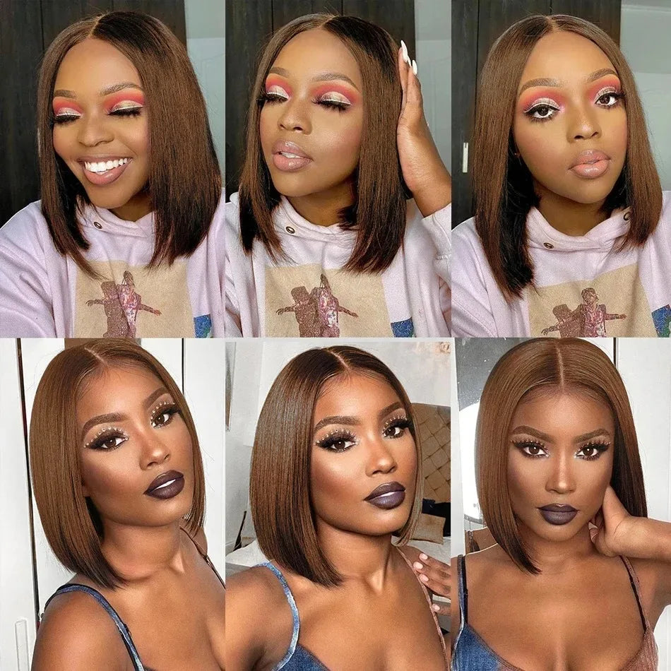 Perruque Bob Brune Chocolat Lisse 4X4 Frontal en Dentelle HD Lisse Ligne Naturelle Cheveux Pré épilés Cheveux Humains  16 pouces