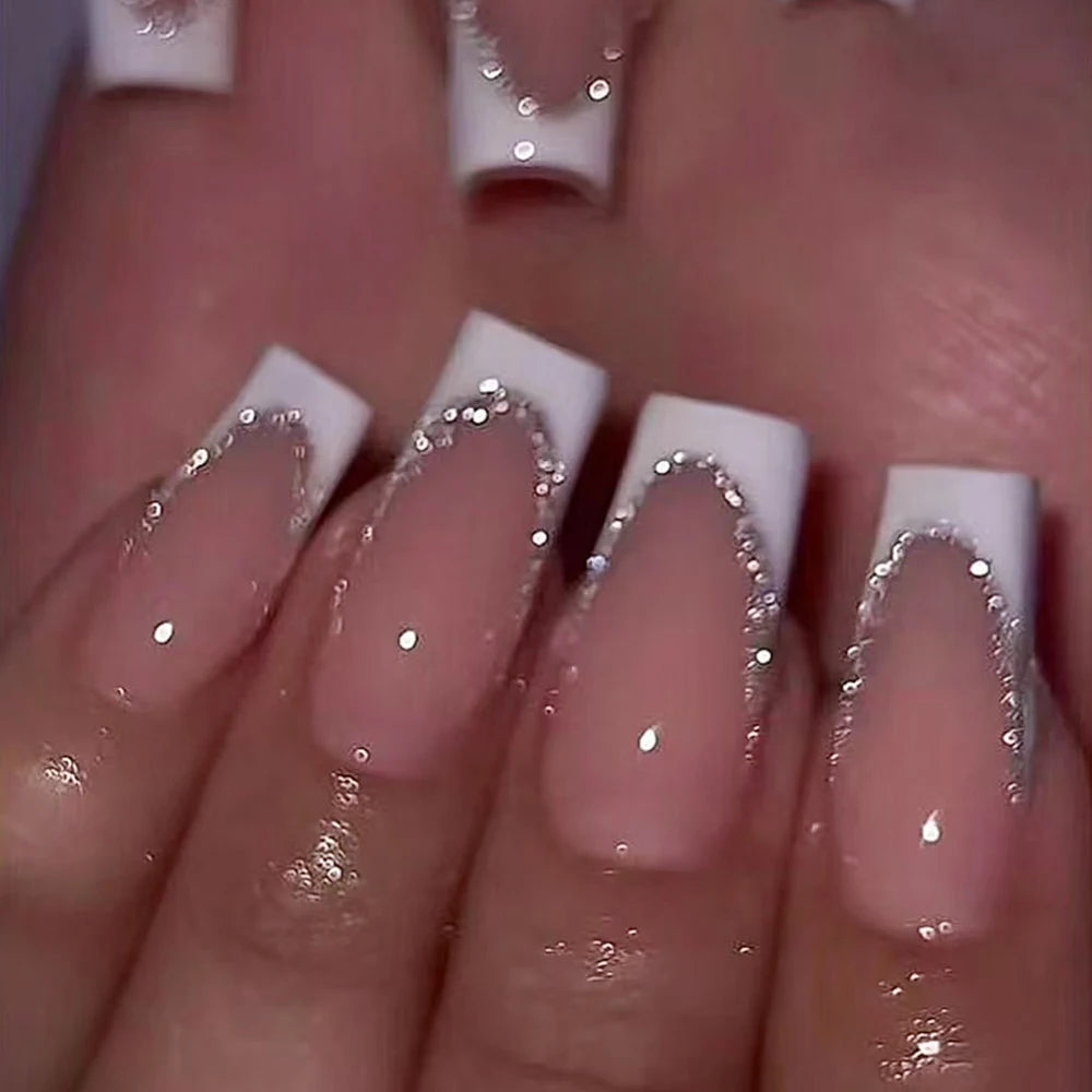 24 pièces ongles faux français cercueil longs rétro fleurs perles caviar design floral doré creux press on Y2k acrylique faux ongles