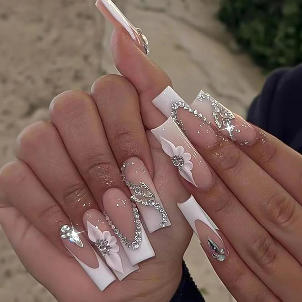 24 pièces ongles faux français cercueil longs rétro fleurs perles caviar design floral doré creux press on Y2k acrylique faux ongles