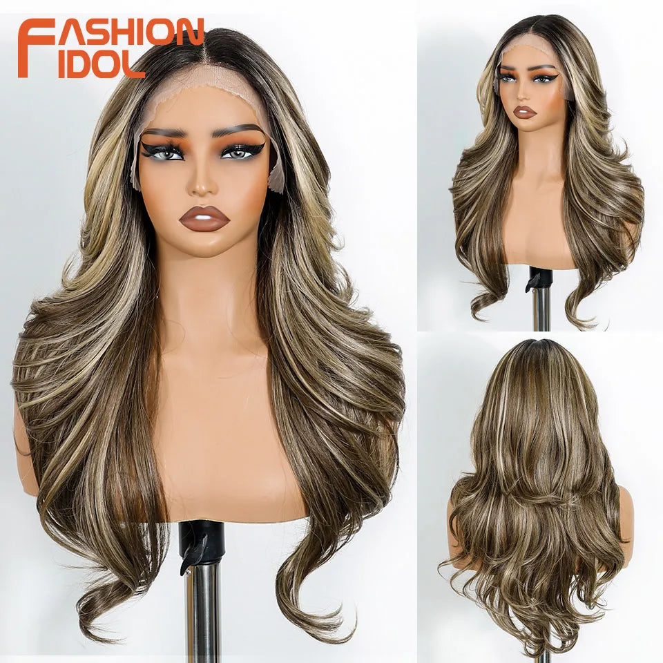 FASHION IDOL 24 Inch Long Loose Body Wavy Lace Front Wigs For Women Pre-Cut Pre Plucked Lace Wigs Ombre Blonde White Cosplay Wig