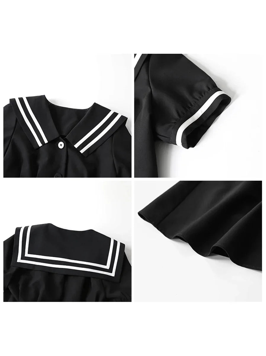 CHIC VEN Korean Women Dresses Black Short Sleeve Navy Collar Dress for Woman Office Lady Female Party College Summer 2025