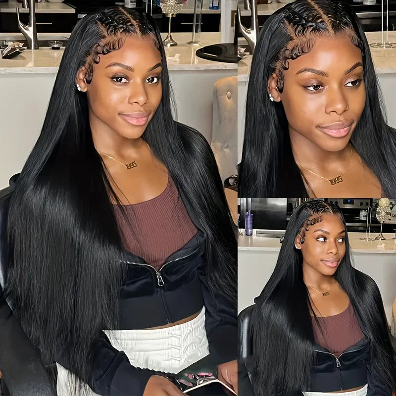 360 Straight Lace Frontal Wig Glueless Pull-and-Go Wig Drawstring Human Hair 250 Density Hidden Strap Invisible Lace Wig Pre-Plucked