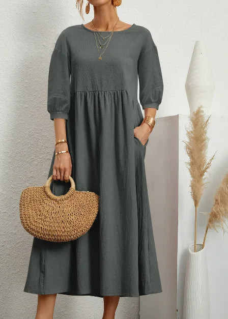 Women's Cotton Linen Dress Summer Fashion Vintage Loose Solid Lantern Sleeve Pocket Dresses O-Neck Long Femel Robe Ladies Wear