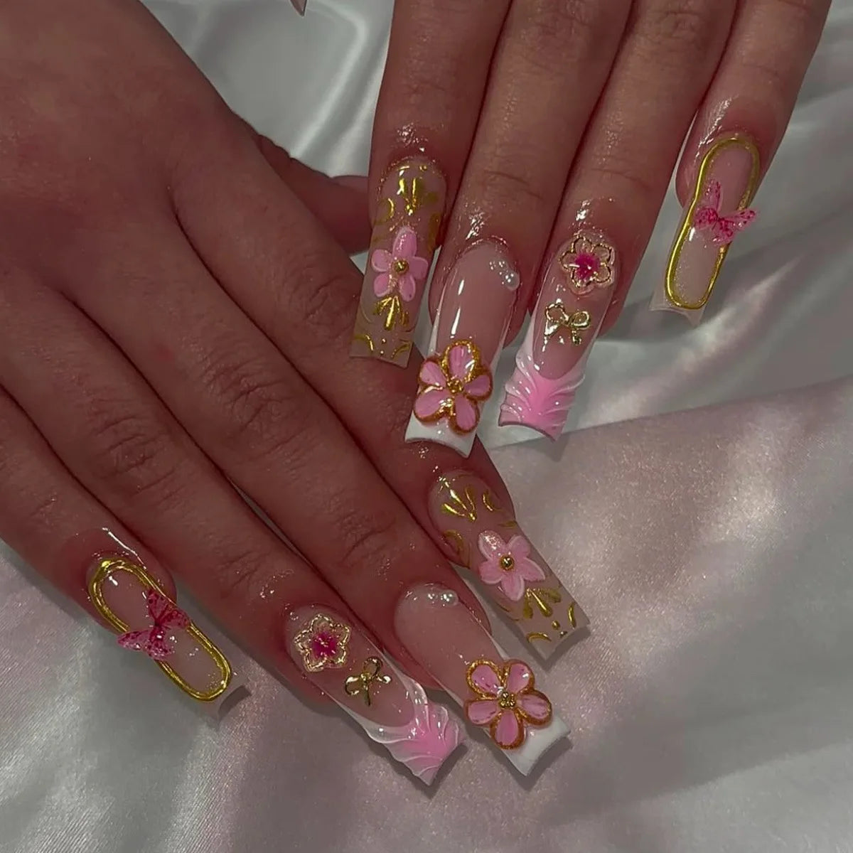 24 faux ongles carrés longs à poser avec imprimé léopard, design français 3D cerise, strass, couvrant entièrement