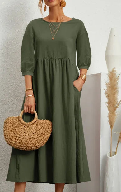 Women's Cotton Linen Dress Summer Fashion Vintage Loose Solid Lantern Sleeve Pocket Dresses O-Neck Long Femel Robe Ladies Wear