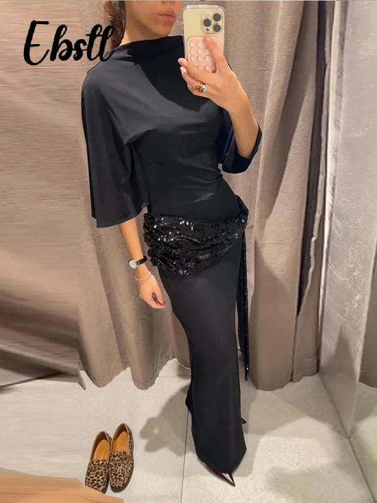 Sexy Sequins Splicing Backless Dresses Women's Elegant Short Sleeve O-neck Ribbons Long Robes 2026 Spring New Ladies Chic Dress