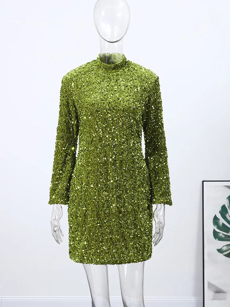 Green Sequined Mini Dress Women O-neck Long Flare Sleeve Shoulder Pad Slim Party Dresses 2026 Spring New Lady Evening Gowns
