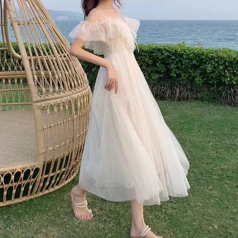 Fairycore Mesh Dress Woman 2023 Summer Low Chest Off Shoulder Lace-Up White Dresses Women Sexy Sweet Spaghetti Strap Dress