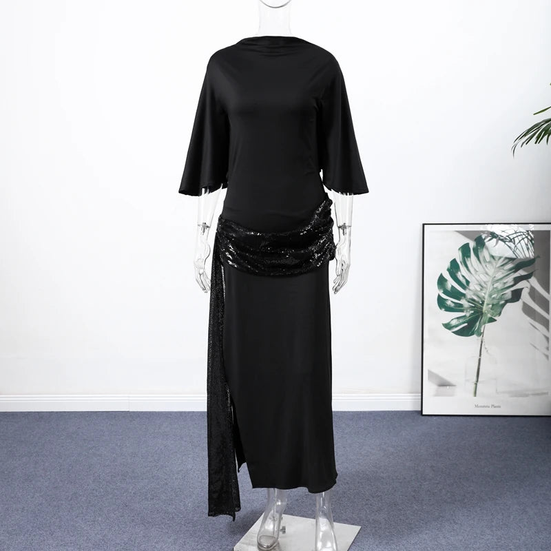 Sexy Sequins Splicing Backless Dresses Women's Elegant Short Sleeve O-neck Ribbons Long Robes 2026 Spring New Ladies Chic Dress
