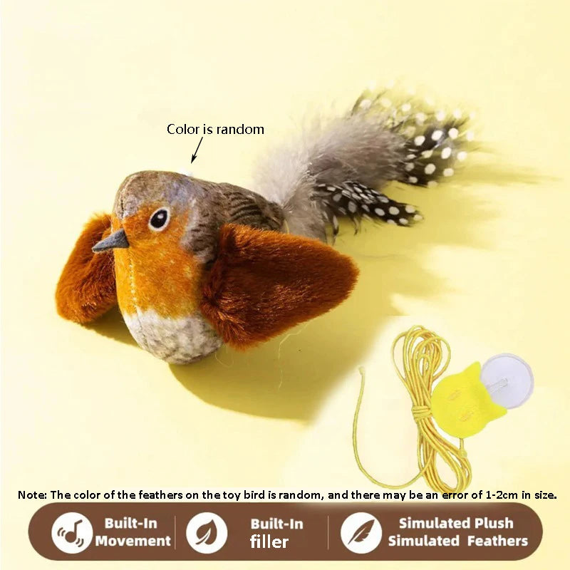 The pet cat toy emulates the sound of a bird to amuse the cat, with an elastic rope to relieve boredom and resist scratching and biting.