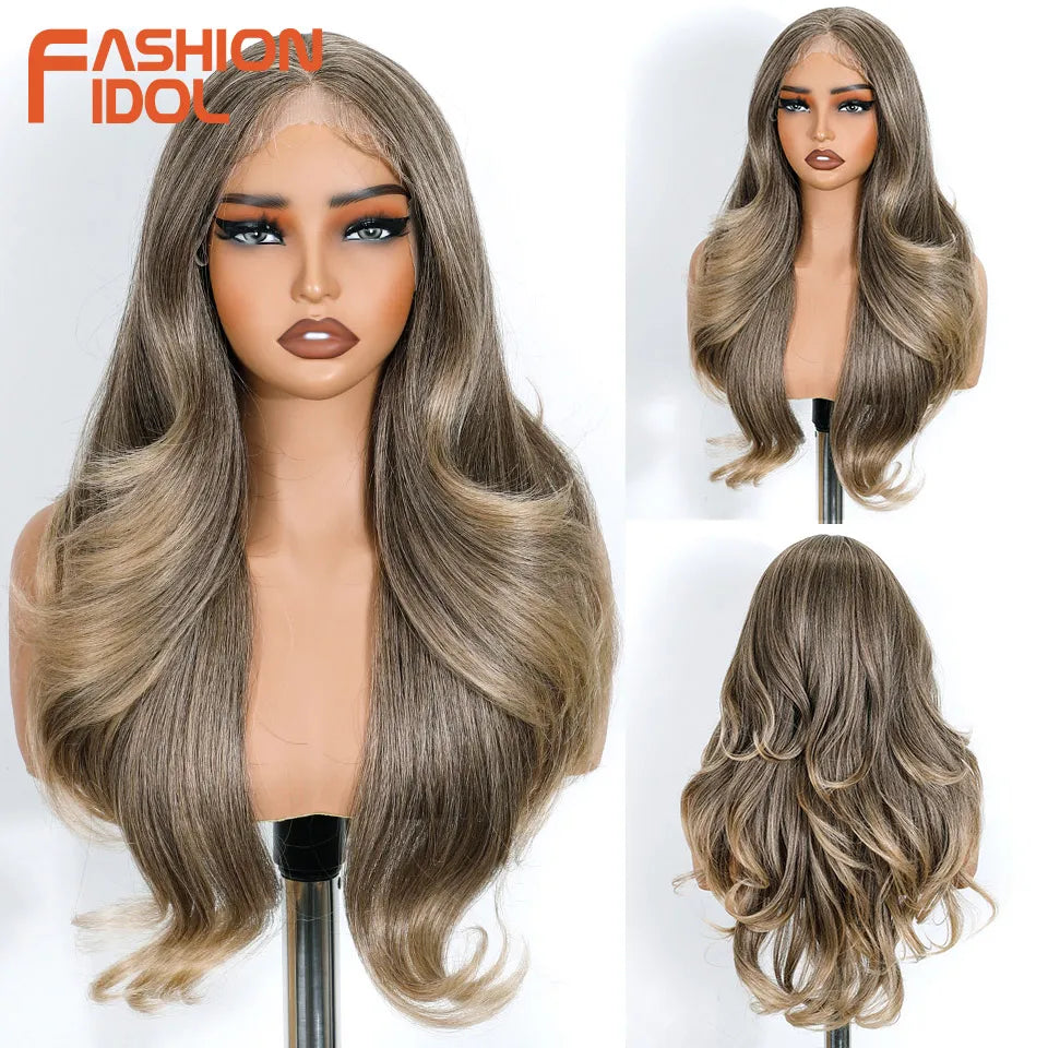 FASHION IDOL 24 Inch Long Loose Body Wavy Lace Front Wigs For Women Pre-Cut Pre Plucked Lace Wigs Ombre Blonde White Cosplay Wig