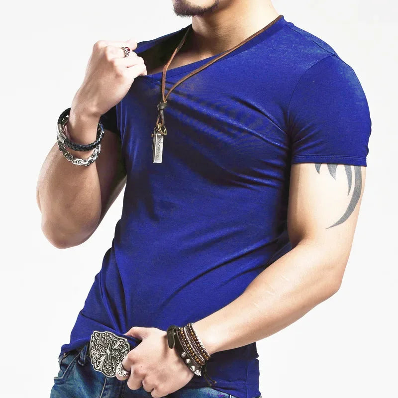 2026 Brand New Men T-Shirt Tops V-neck Short Sleeve Tees Men's Fashion Fitness Hot T-shirt For Male Man T-shirt Size 5XL
