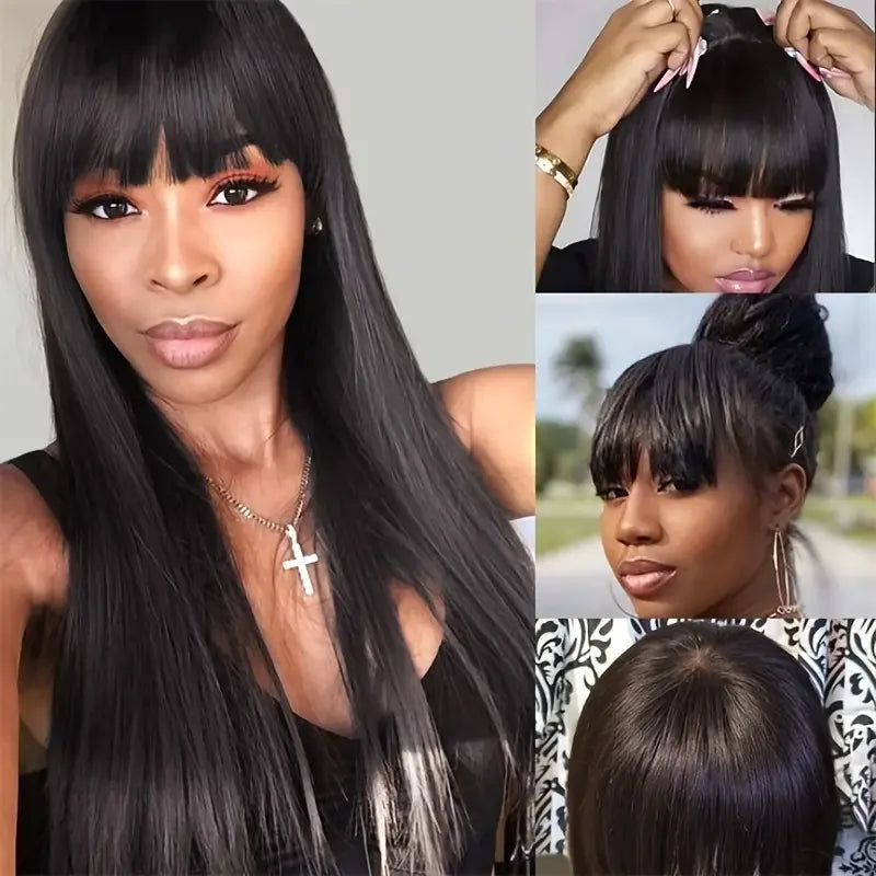 Peruvian Straight Human Hair Wig With Bangs Full Machine Made Wig 250% Density Perruques Cheveux Humains Cheap On Sale Clearance