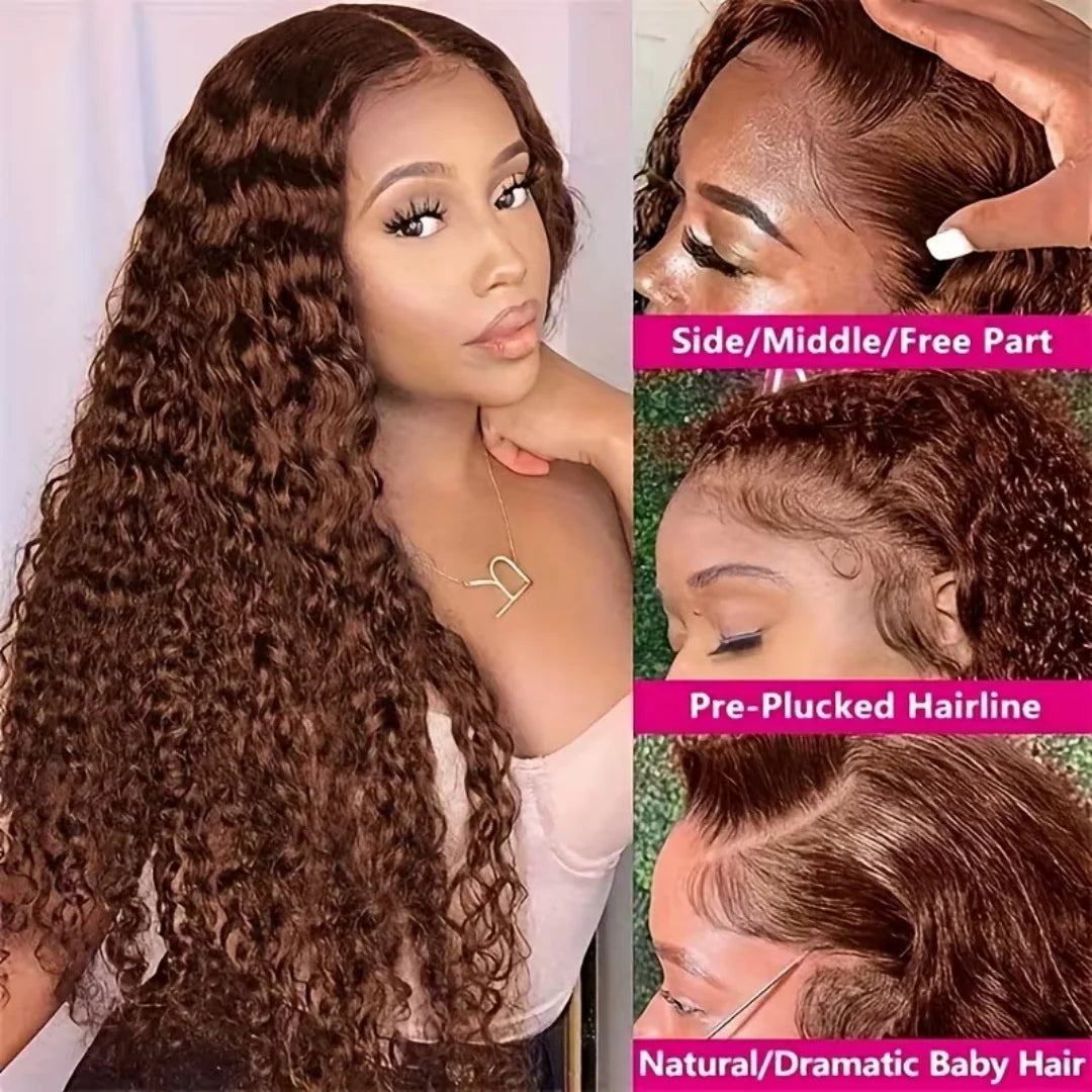 Chocolate Brown Deep Wave 13x4 HD Lace Frontal Wigs Human Hair Transparent Pre-Plucked 250% Density Water Wave Lace Frontal Wigs