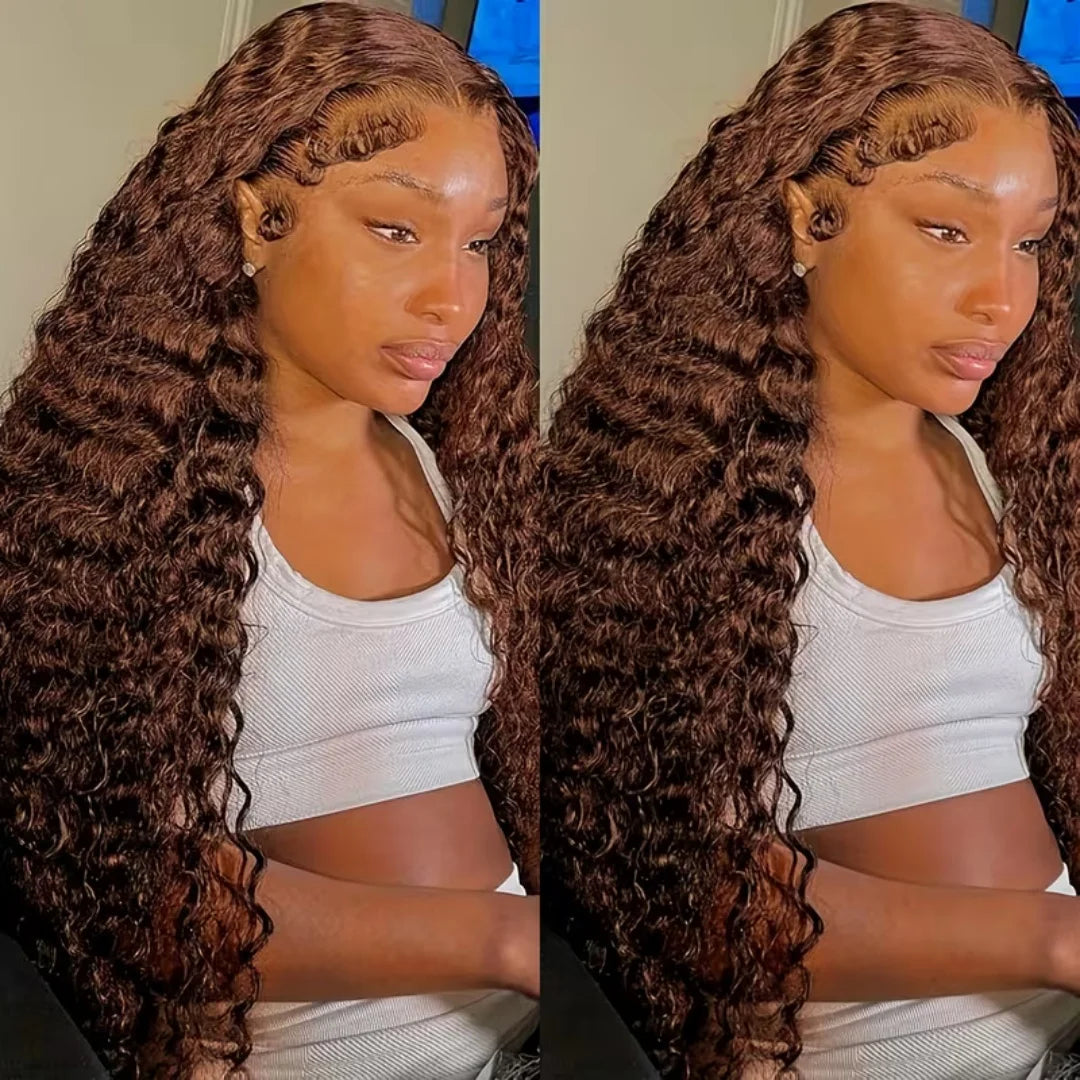 Chocolate Brown Deep Wave 13x4 HD Lace Frontal Wigs Human Hair Transparent Pre-Plucked 250% Density Water Wave Lace Frontal Wigs