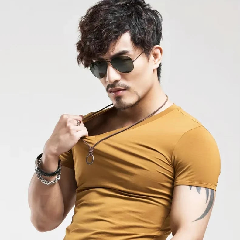 2026 Brand New Men T-Shirt Tops V-neck Short Sleeve Tees Men's Fashion Fitness Hot T-shirt For Male Man T-shirt Size 5XL