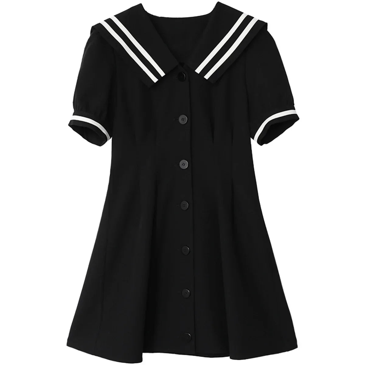 CHIC VEN Korean Women Dresses Black Short Sleeve Navy Collar Dress for Woman Office Lady Female Party College Summer 2025