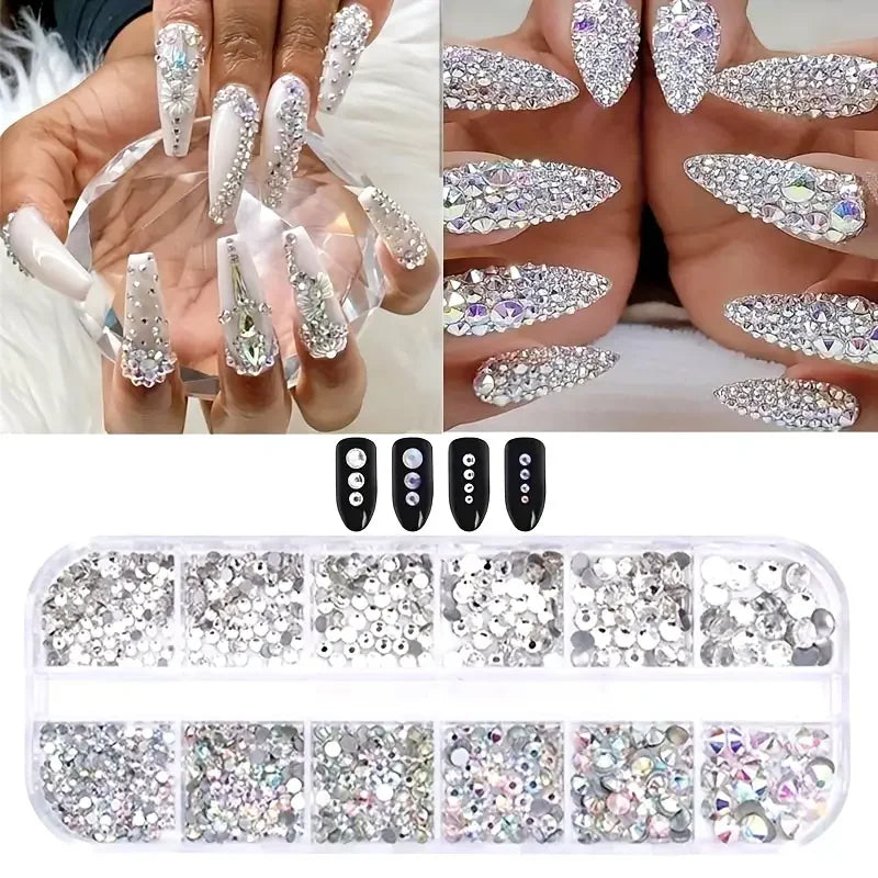Boîte de strass pour ongles 3D à dos plat, strass pour ongles, gemmes en verre AB et cristal clair, kit de strass pour ongles, charms pour nail art, accessoires DIY pour manucure