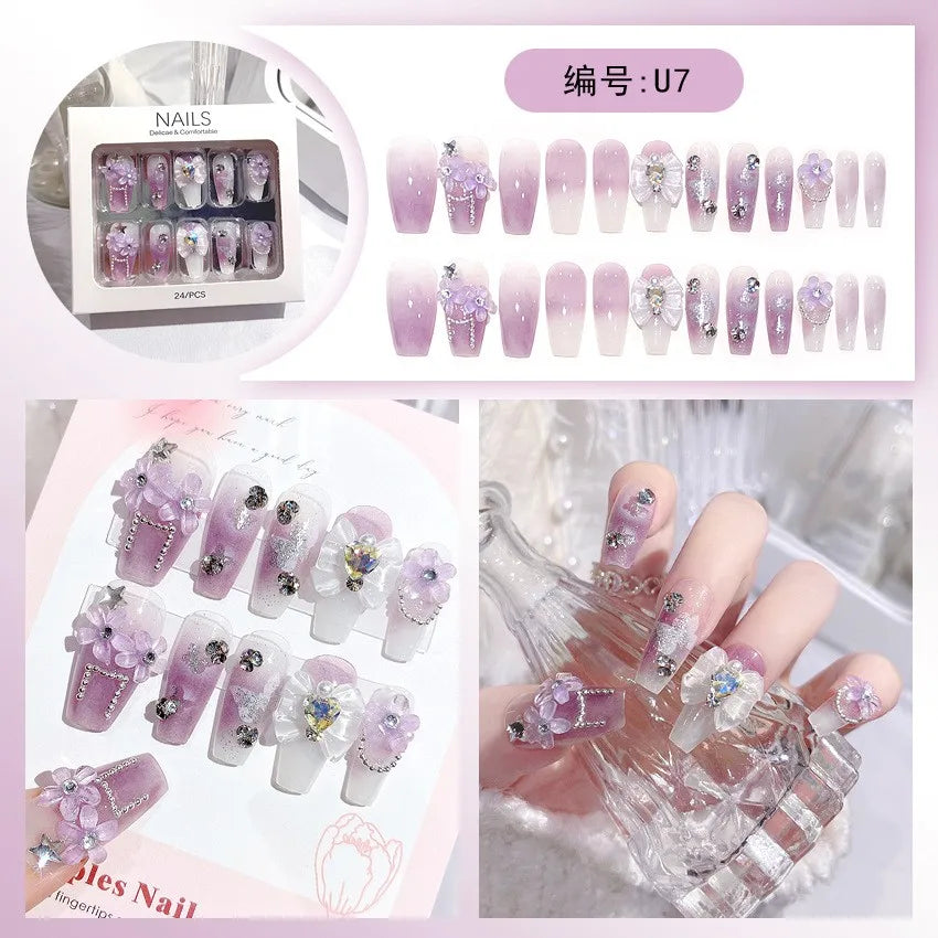 24 pièces ongles en acrylique moyens longs faux ongles amovibles français ensemble de faux ongles à porter couverture complète ballet press-on & 7Y