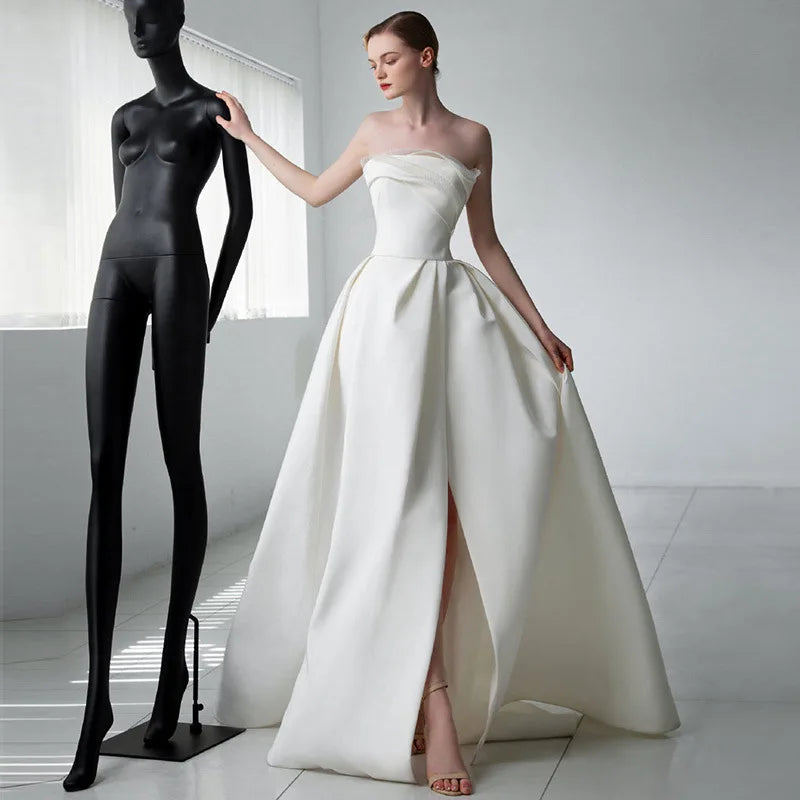 French Luxury White Satin Trailing Wedding Dresses for Bride 2026 Women Elegant Sexy Strapless Long Prom Party Dress vestidos