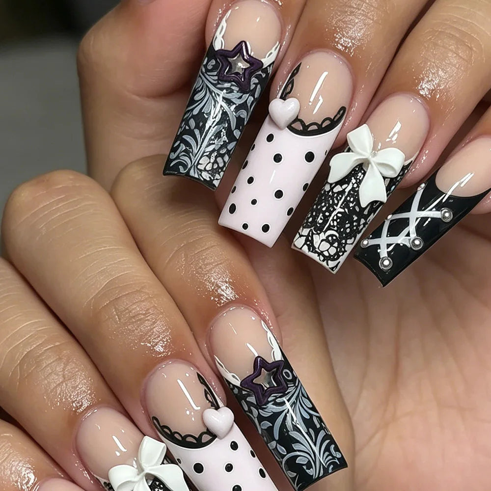 24 faux ongles carrés longs à poser avec imprimé léopard, design français 3D cerise, strass, couvrant entièrement