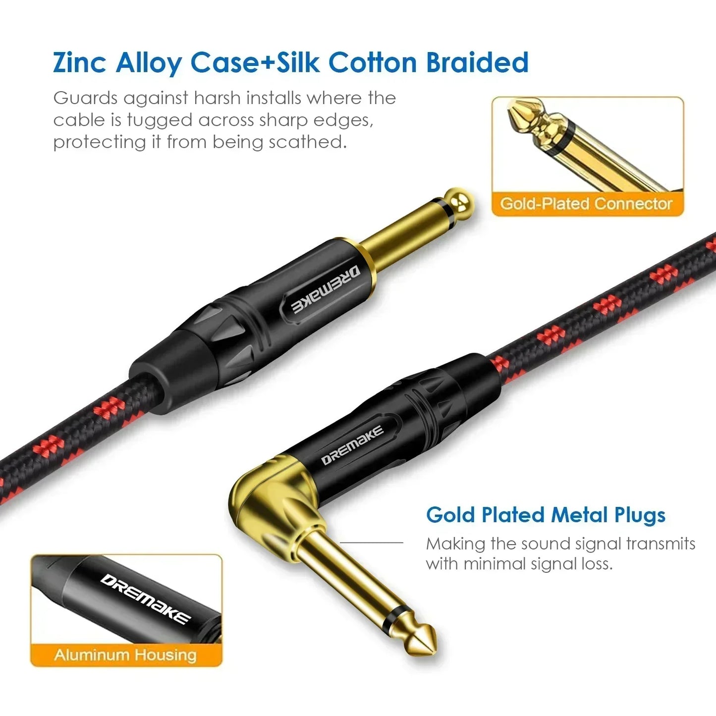 6.35 mm Mono Jack Cable Gold Plated Guitar Cable Male to Male Cotton Braided Instrument Cable for Guitar Bass Keyboard