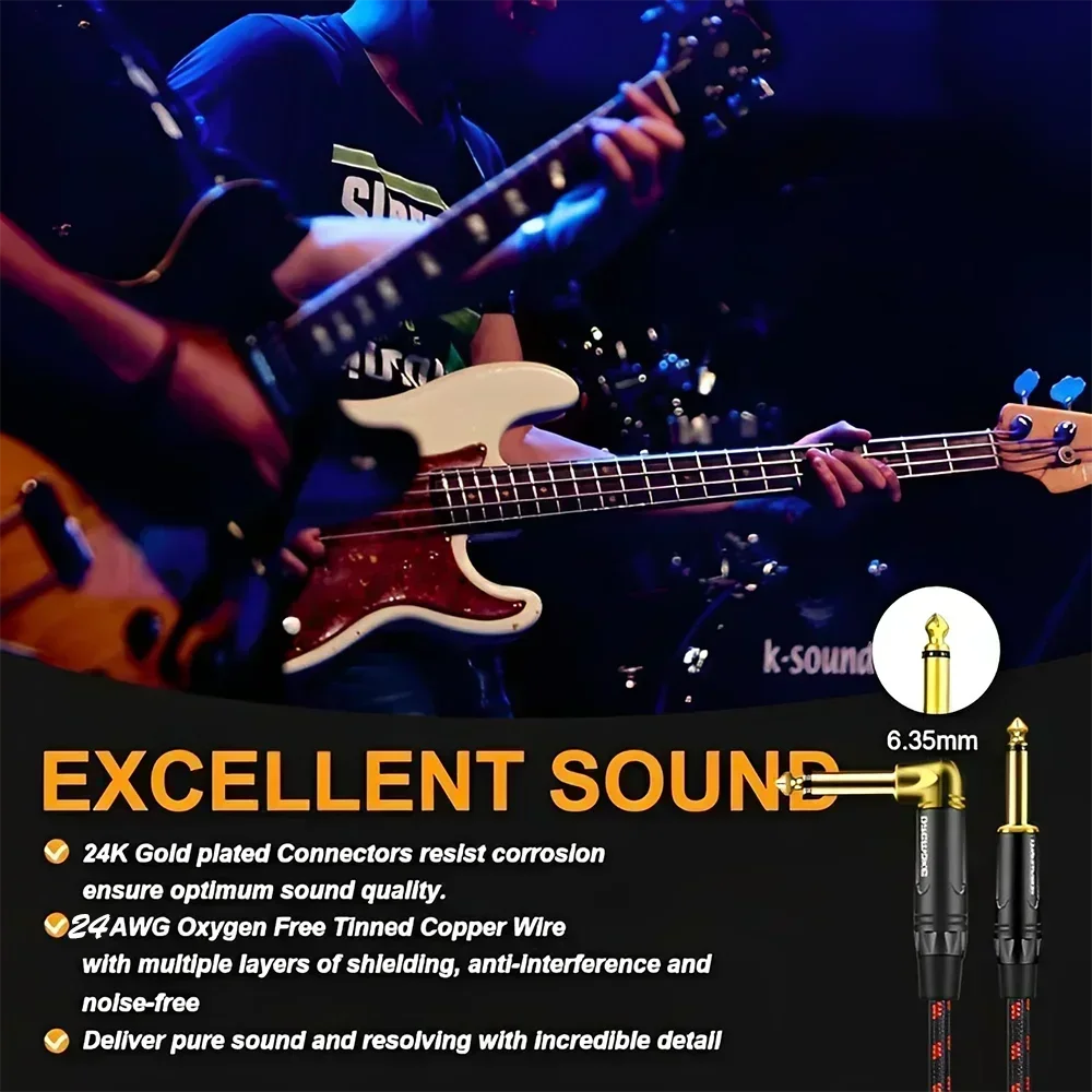 6.35 mm Mono Jack Cable Gold Plated Guitar Cable Male to Male Cotton Braided Instrument Cable for Guitar Bass Keyboard