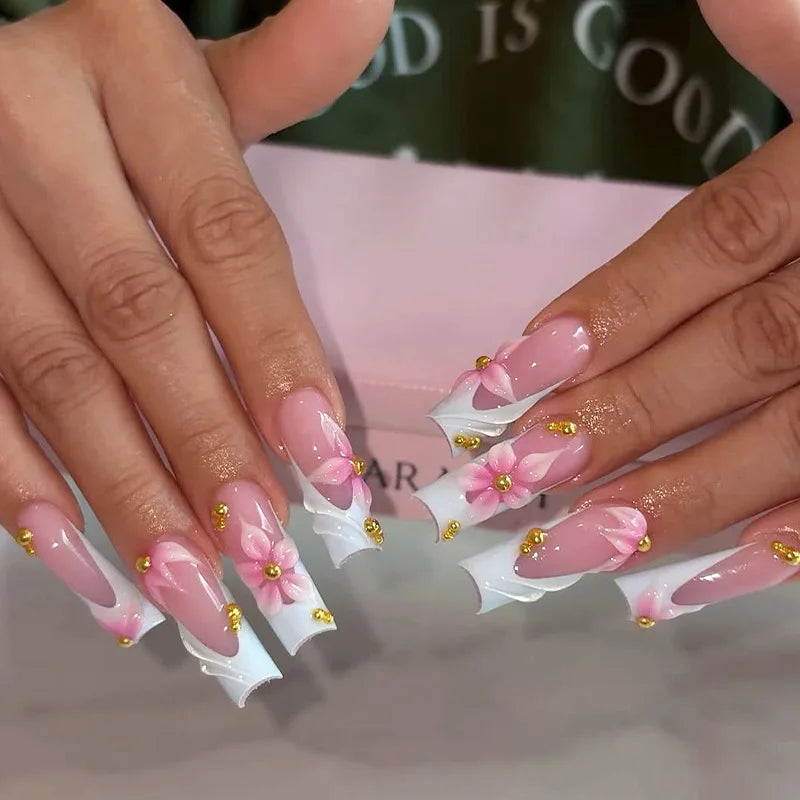 24 faux ongles carrés longs à poser avec imprimé léopard, design français 3D cerise, strass, couvrant entièrement