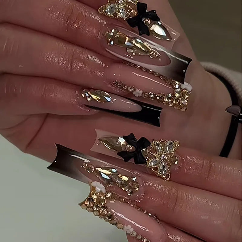 24 faux ongles carrés longs à poser avec imprimé léopard, design français 3D cerise, strass, couvrant entièrement