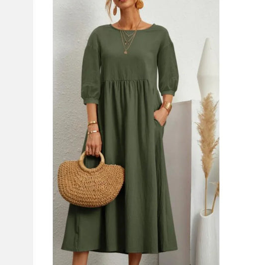 Women's Cotton Linen Dress Summer Fashion Vintage Loose Solid Lantern Sleeve Pocket Dresses O-Neck Long Female Robe Ladies Wear