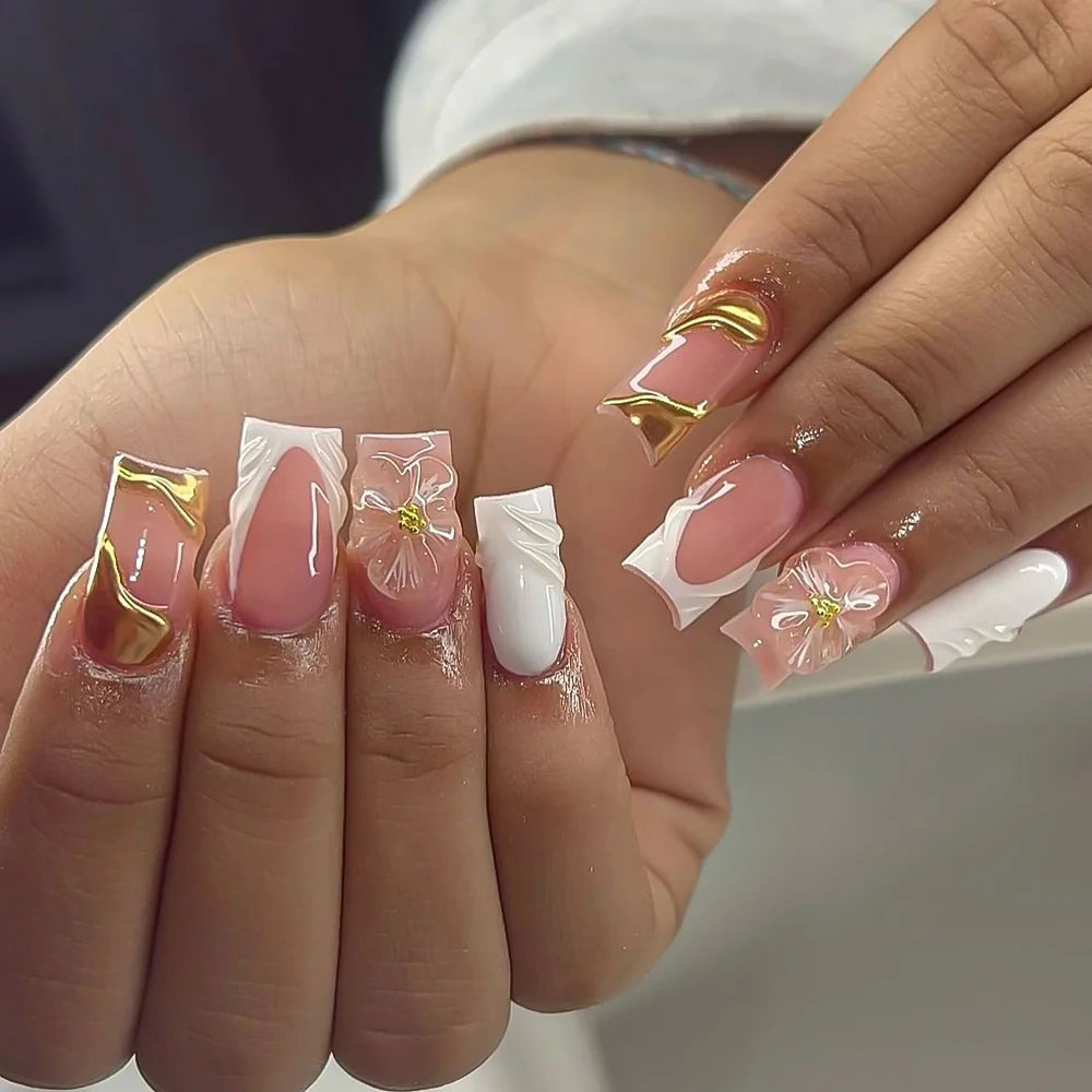 24 pièces ongles faux français cercueil longs rétro fleurs perles caviar design floral doré creux press on Y2k acrylique faux ongles
