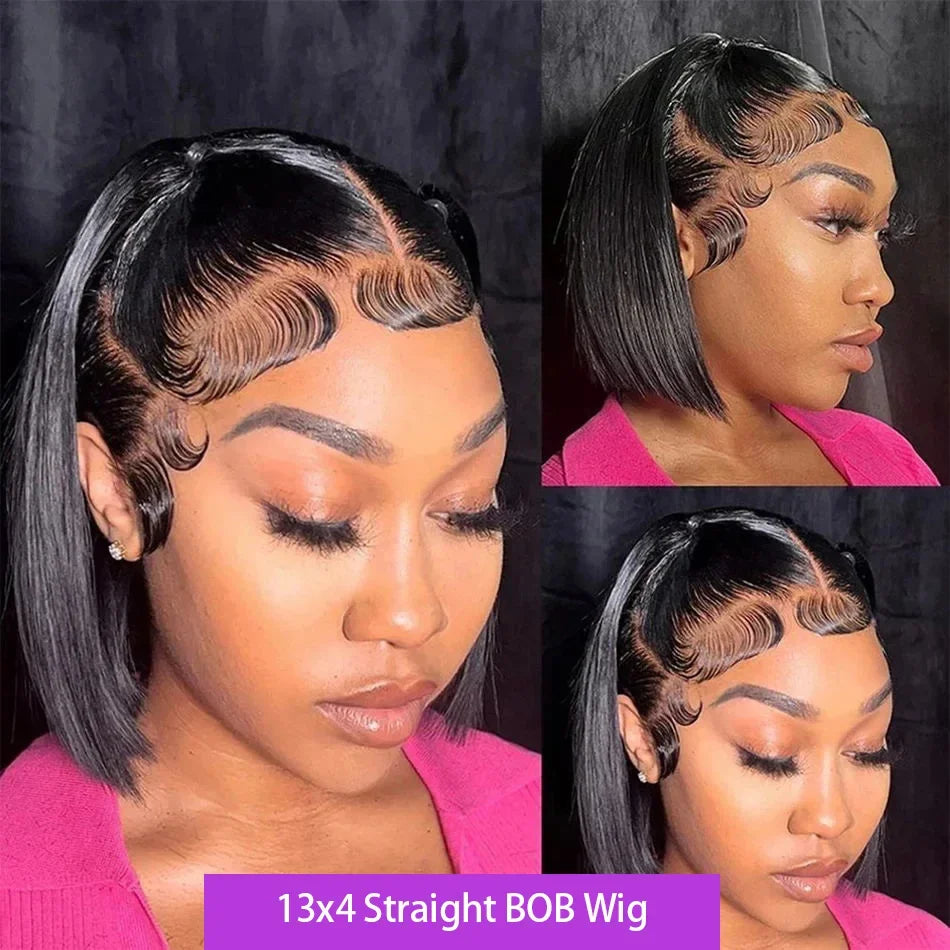 Straight Short Bob Wigs 13x4 Human Hair Lace Frontal Wigs 200% Remy Pre Plucked Transparent Lace 4x4 Short Bob Wigs For Women