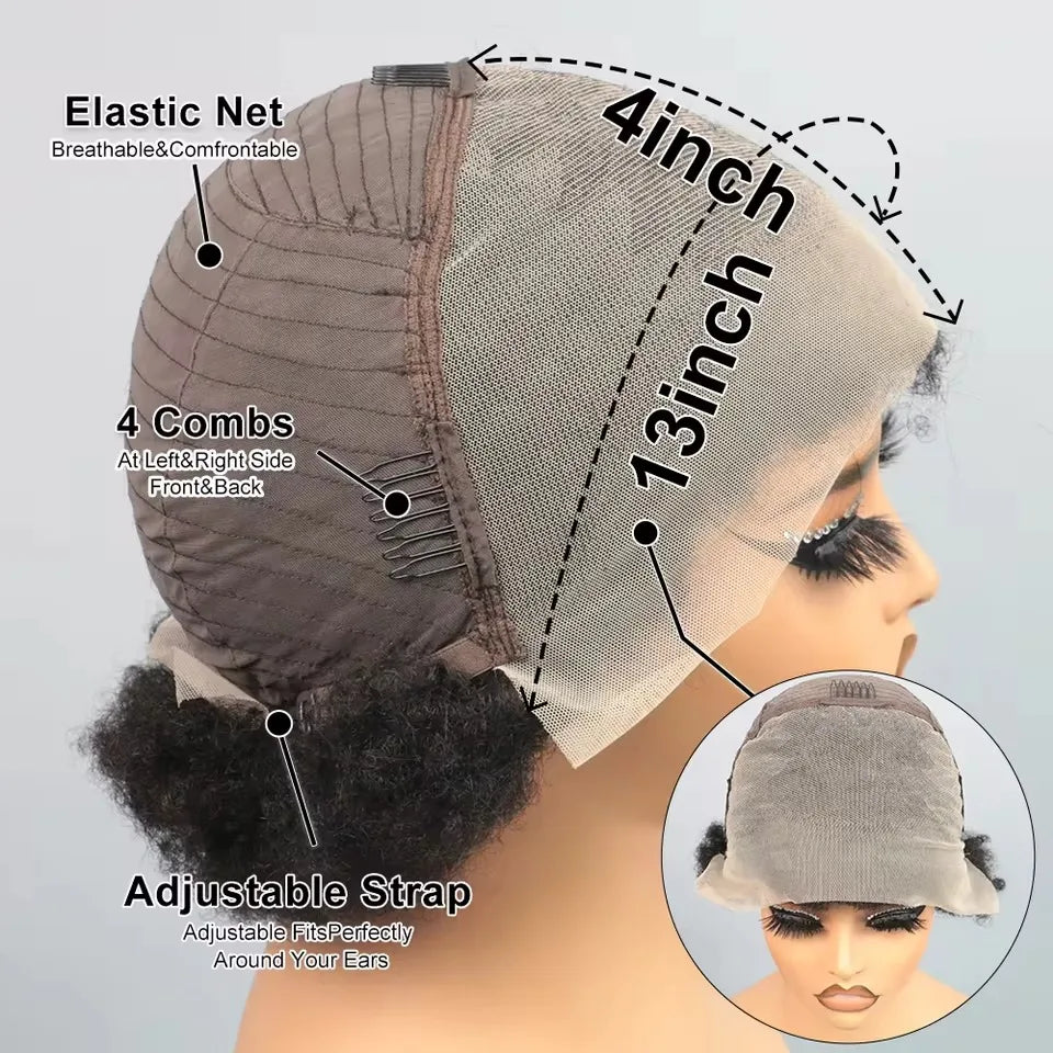 13X4 Lace Frontal Afro Kinky Curly Human Hair Short Pixie Cut Wigs For Women Short Curly Pixie Remy Wig Black Color 250% Density