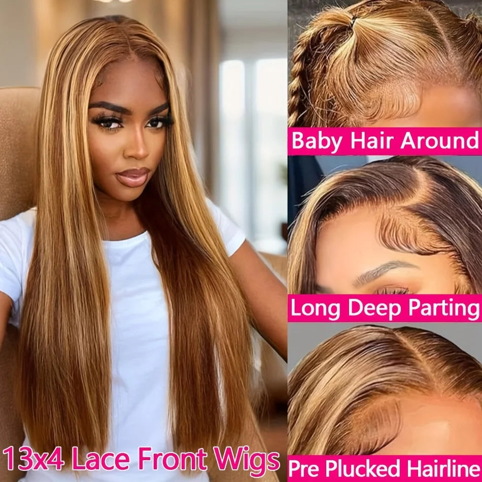 Straight Human Hair Wigs Highlight Ombre 13X6 Hd Lace Frontal Wig Human Hair 200 Density 13X4 Preplucked Brazilian Hair Wig