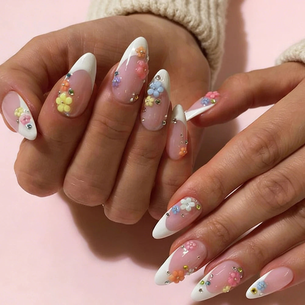 24 pièces ongles faux français cercueil longs rétro fleurs perles caviar design floral doré creux press on Y2k acrylique faux ongles