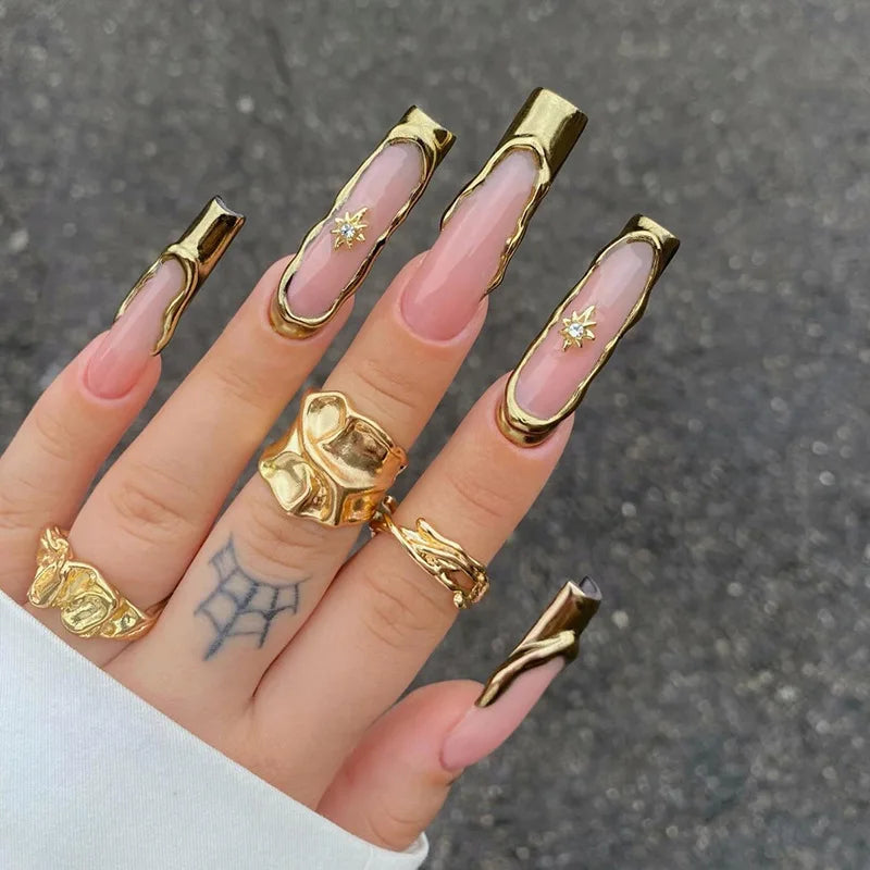 24 faux ongles carrés longs à poser avec imprimé léopard, design français 3D cerise, strass, couvrant entièrement