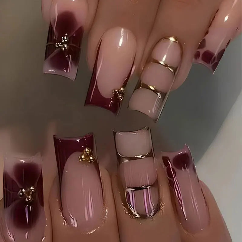 24 pièces ongles faux français cercueil longs rétro fleurs perles caviar design floral doré creux press on Y2k acrylique faux ongles