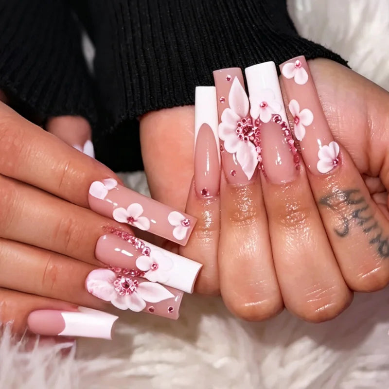 24 faux ongles carrés longs à poser avec imprimé léopard, design français 3D cerise, strass, couvrant entièrement