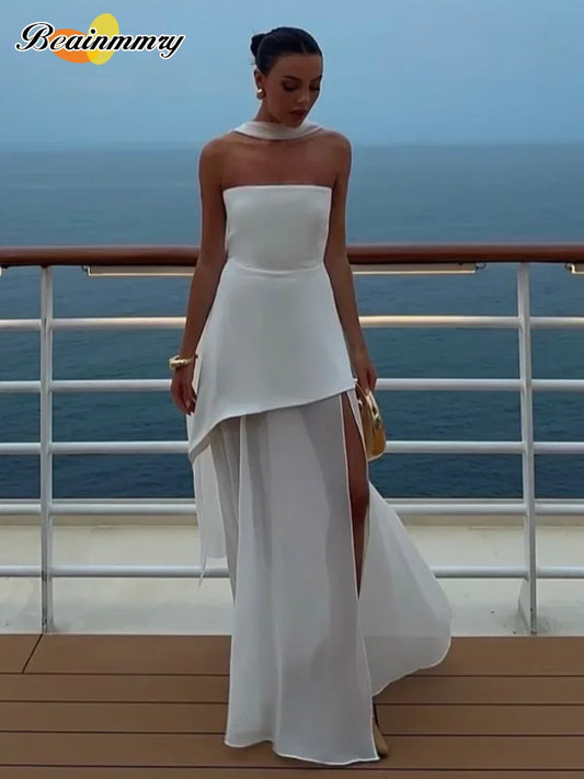 Elegant White Mesh Splicing Slim Women Strapless Dress Chic Scarf Neck Off Shoulder High Waist Long Dresses Lady Party Gowns