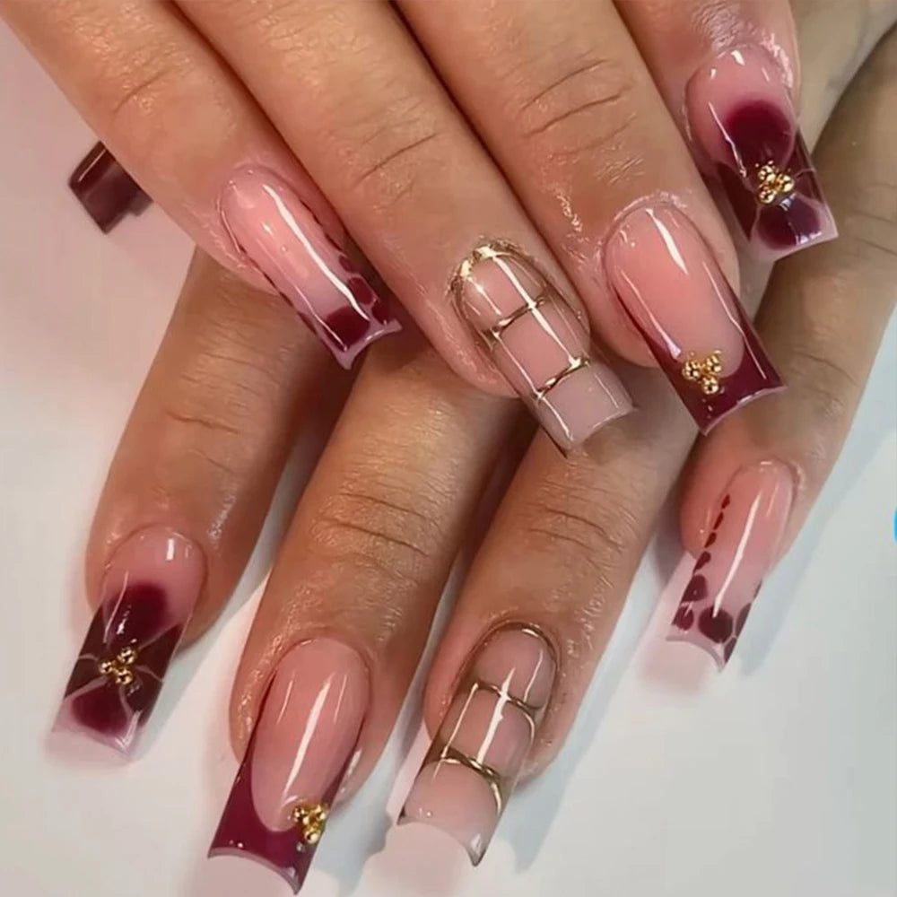 24 pièces ongles faux français cercueil longs rétro fleurs perles caviar design floral doré creux press on Y2k acrylique faux ongles