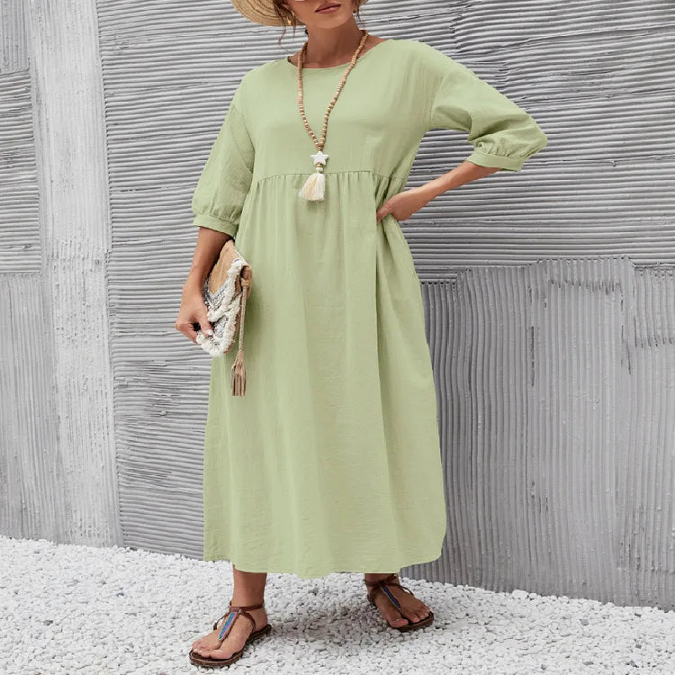 Women's Cotton Linen Dress Summer Fashion Vintage Loose Solid Lantern Sleeve Pocket Dresses O-Neck Long Femel Robe Ladies Wear