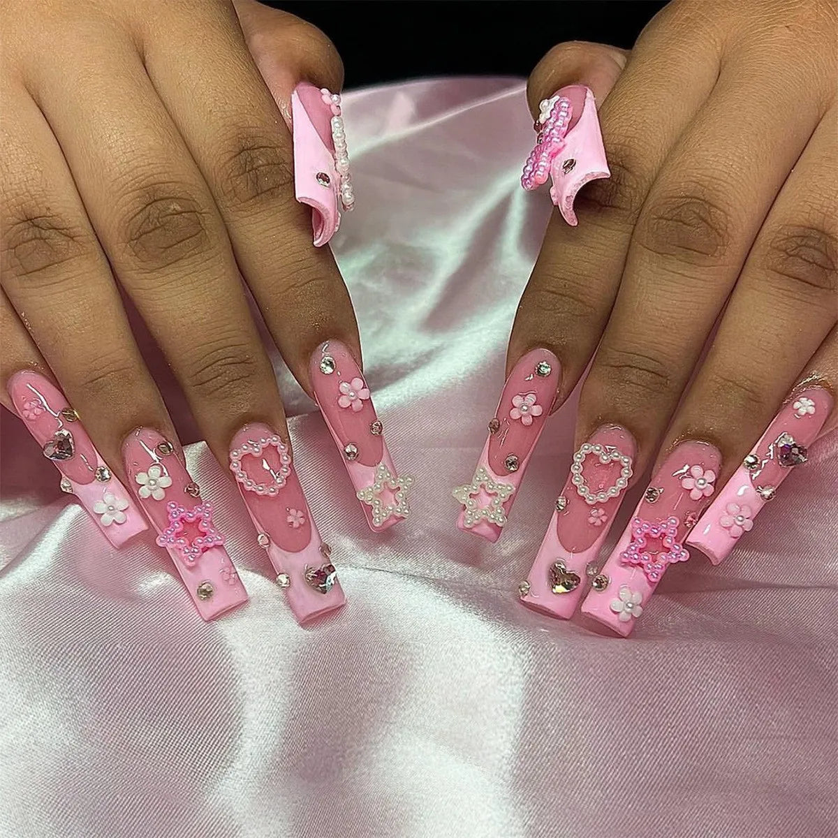 24 faux ongles carrés longs à poser avec imprimé léopard, design français 3D cerise, strass, couvrant entièrement